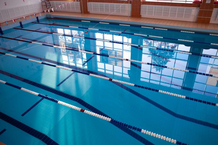 Blick auf ein Schwimmbecken mit blauen Bahnen und reflektierendem Licht von Fenstern im Hintergrund.