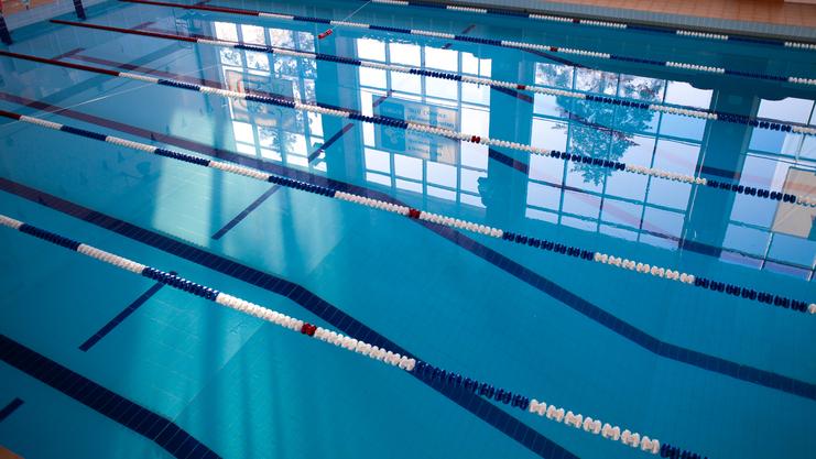 Blick auf ein Schwimmbecken mit blauen Bahnen und reflektierendem Licht von Fenstern im Hintergrund.
